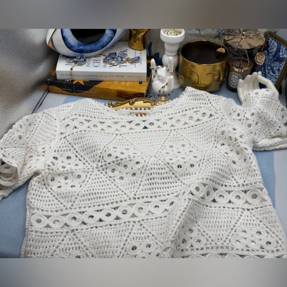 🆕 FARM Rio 🧿 NWT Crochet Sweater Tee, White, Sz M - Picture 11 of 13